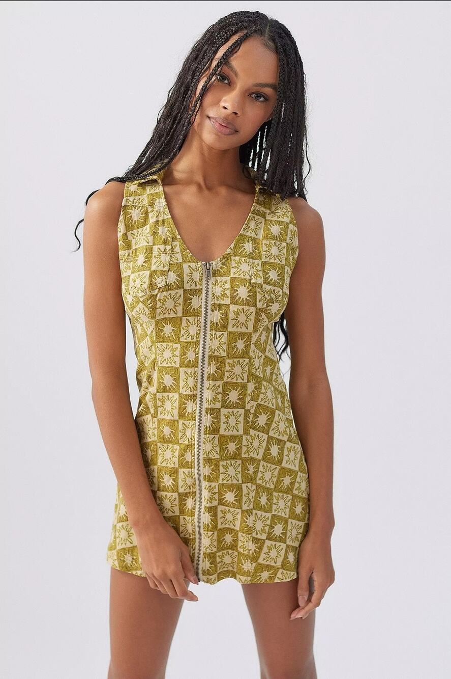 Urban Outfitters Freya Sunshine Collared Zip-Up Mini Dress Linen Boho Festival
